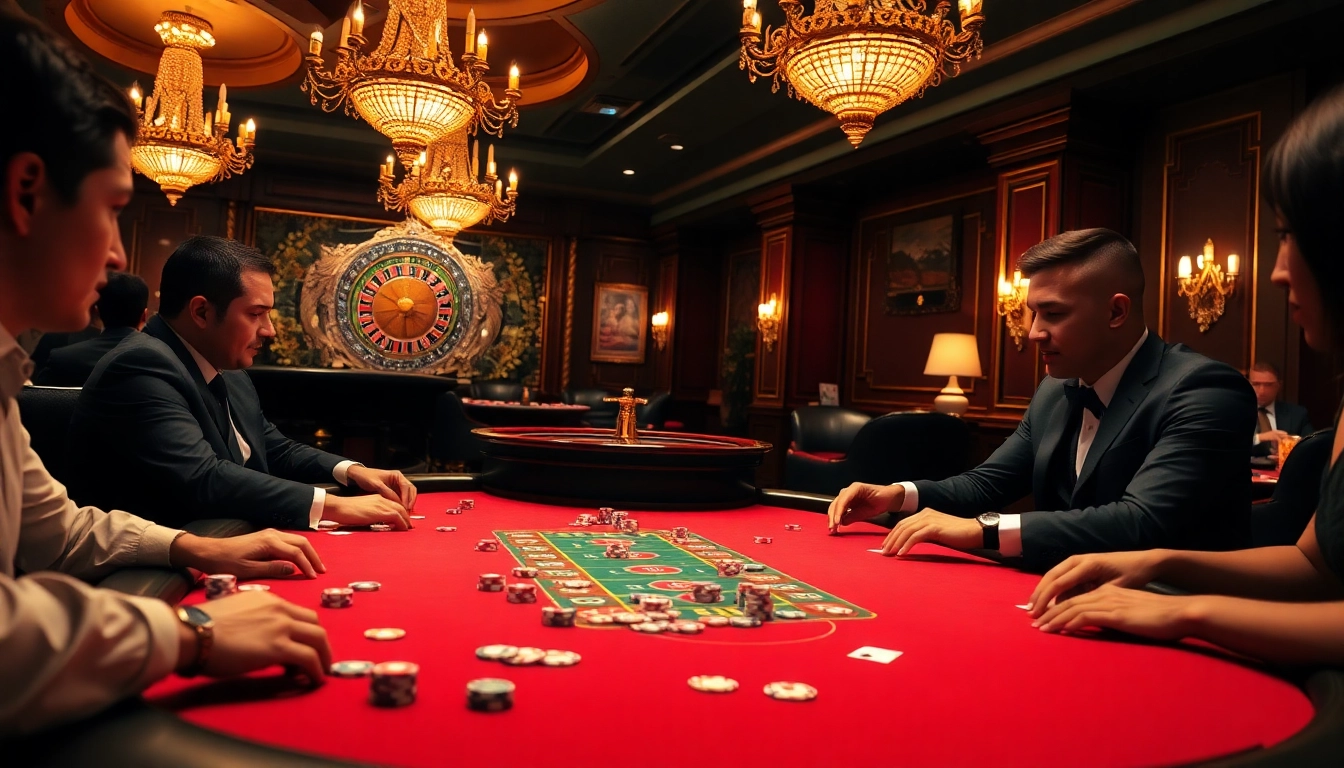 Experience the thrill of poker at https://xx88.xyz/ with an elegant casino setup showcasing players and vibrant poker chips.