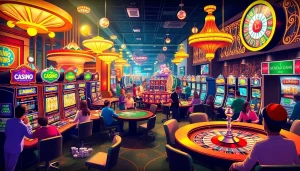 Experience the thrill of gambling at https://gg88.tech/, featuring players engaged at various tables and colorful slot machines.