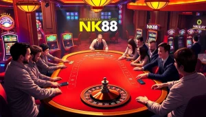 NK88 casino scene featuring lively players at a blackjack table with a roulette wheel and colorful slot machines.