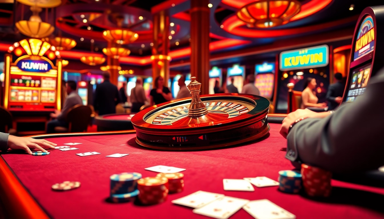 KUWIN offers thrilling gaming experiences with players at a roulette table and slot machines in a vibrant casino setting.