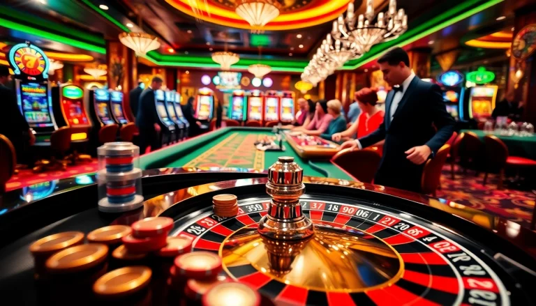 Nohu90 poker table featured in an upscale casino setting with vibrant casino activities.